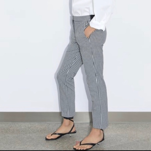 ZARA Black White Gingham Twee Straight Leg Grunge High Rise Pants Size Large - Picture 2 of 13